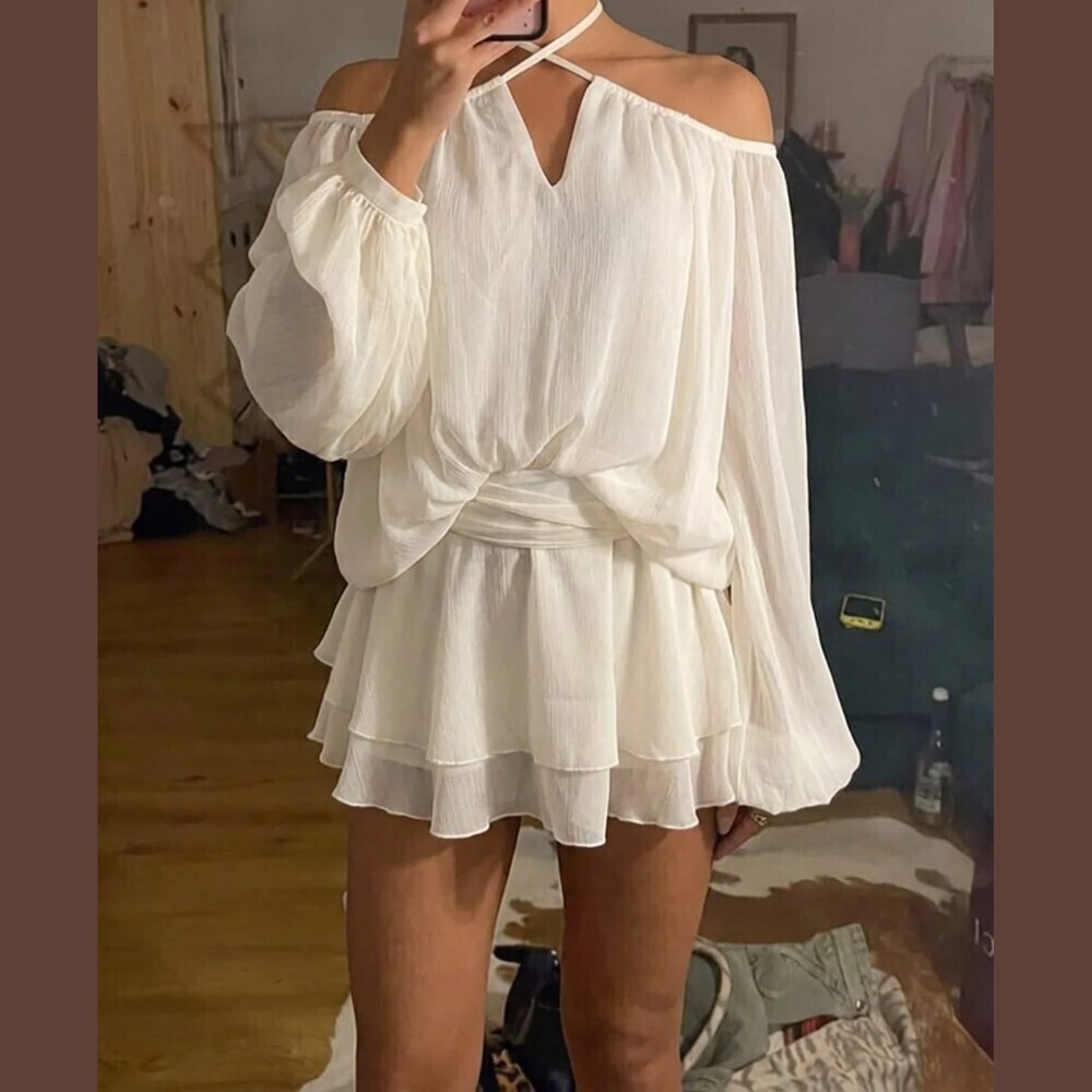 Cream Chiffon Halter Off Shoulder Balloon Sleeve Tiered Mini Dress